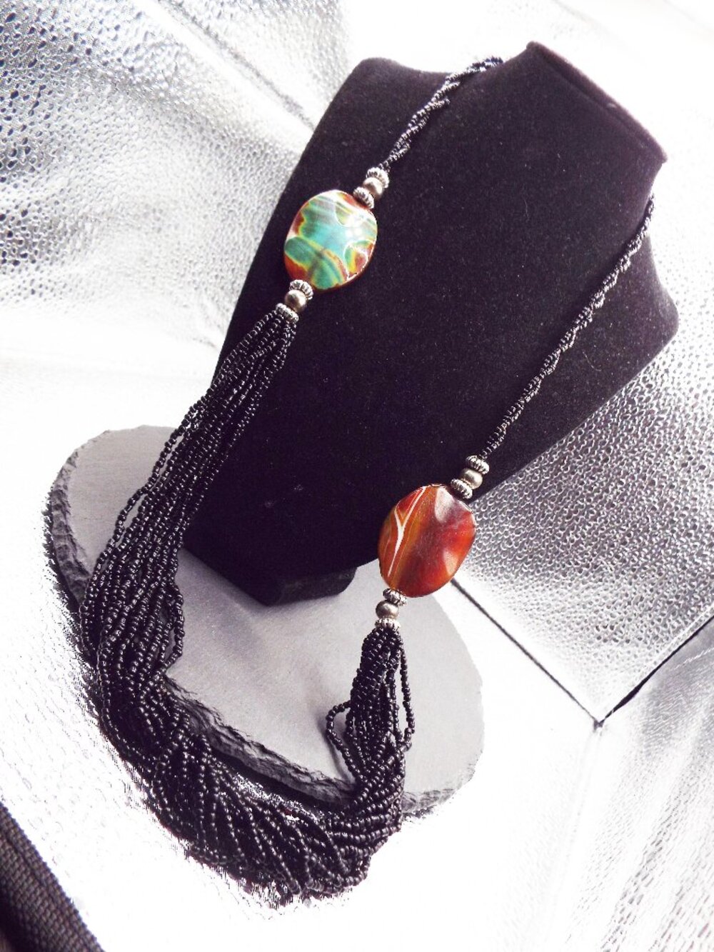 BLACK GLASS SEED BEAD W/BROWN BANDED LAKE BLUE VARISCITE JASPER 28" NECKLACE M